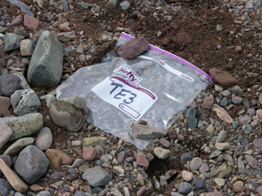 Collecting samples of modern sediments on Tanggula Mountains.